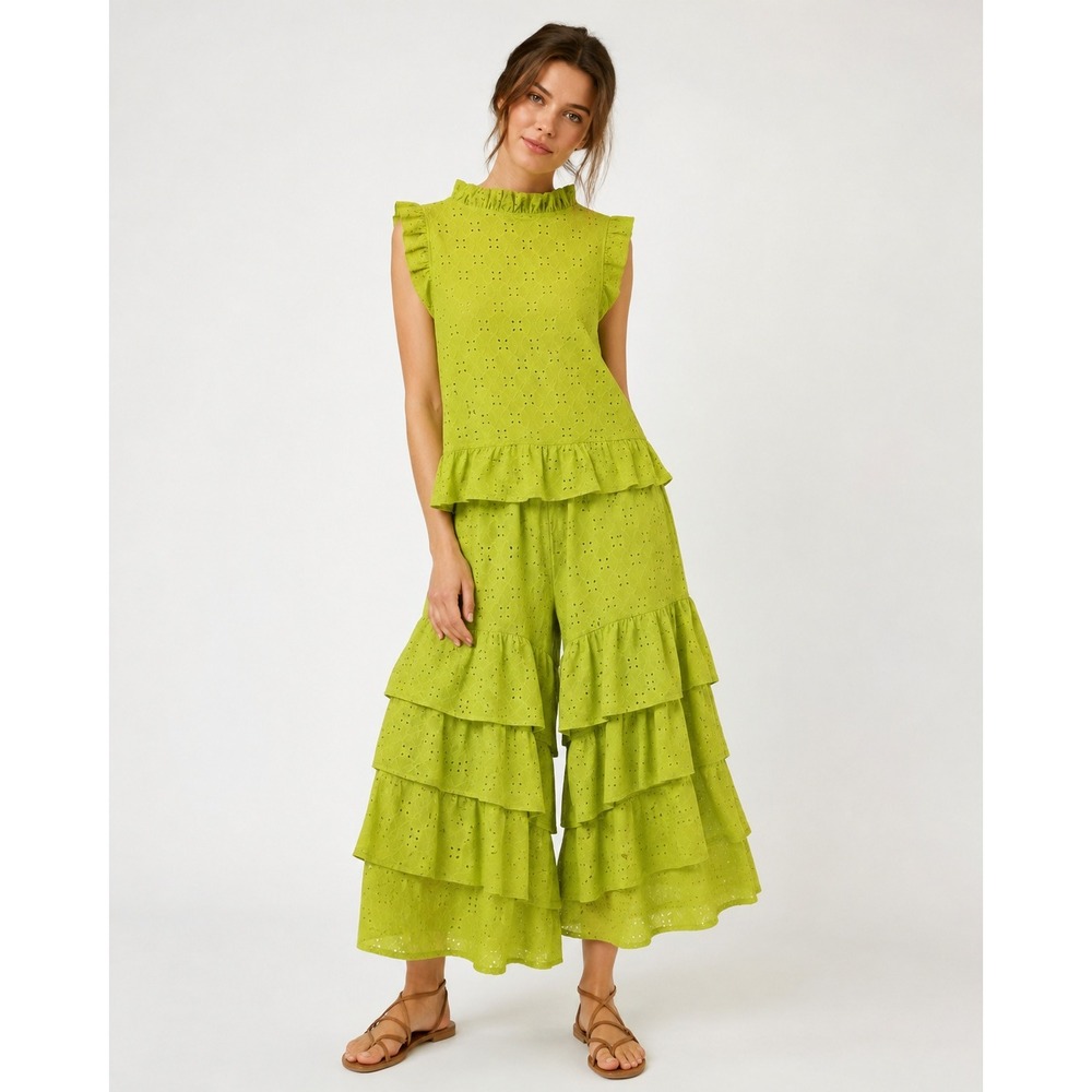 Artsy Lagenlook Handmade Lime Green Eyelet Set S Tiered Ruffle Bloomer Pants